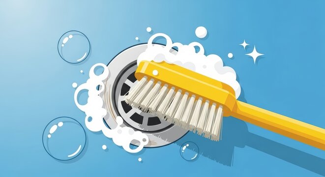 Yellow Brush Scrubbing a Shiny Metal Drain with Soapy Foam and Bubbles on a Blue Surface - Powered by Adobe