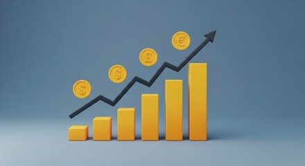 Yellow 3d Bar Chart with Rising Arrow and Gold Currency Coins Showing Financial Growth and Investment Success
