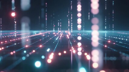 Futuristic digital landscape with glowing lights and data patterns at night - Powered by Adobe