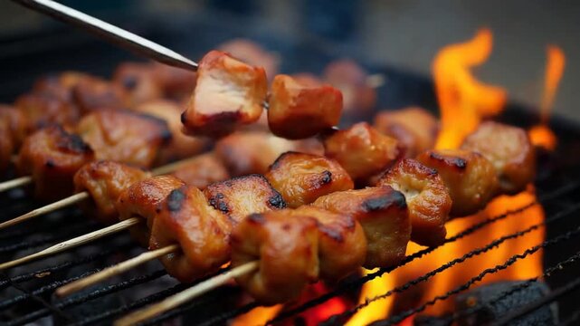 Grilling Tasty Dish Barbecue. Charcoal Souvlaki Food Metal Skewer Beef. Street Food Grill. Grilling Marinated Shashlik Souvlaki. Grilled BBQ Meat On Fire. Roasting Meat Bbq Grill