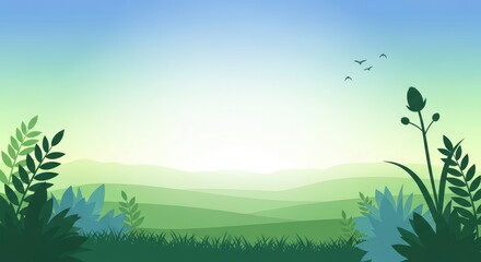 Obraz premium Peaceful Green Landscape Illustration with Rolling Hills and Silhouetted Plants at Sunrise