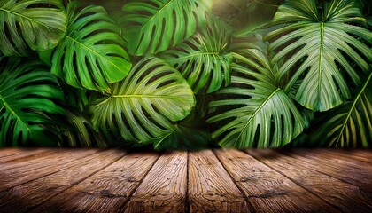 lush green tropical background with monstera leaves and wood floor