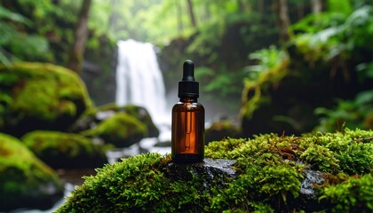 Amber bottle with dropper with waterfall background, and natural setting.