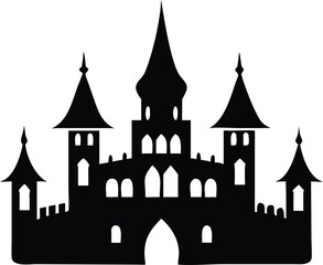 Fototapeta premium Elegant Medieval Castle Silhouette Illustration – Ornate Turrets, Intricate Architecture, Minimalist Black and White Flat Isometric Vector Design