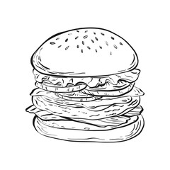 Hand drawn burger. Modern fast food hamburger print doodle ink style, abstract sketch for restaurant, cafe poster, placard, menu or banners. Vector illustration