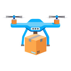 Flat vector icon of a quadcopter drone carrying a delivery package, modern tech design, blue and orange palette, isolated on transparent background.