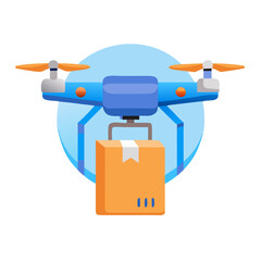 Flat vector icon of a quadcopter drone carrying a delivery package, modern tech design, blue and orange palette, isolated on transparent background.