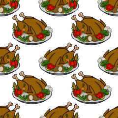 A delightful vector seamless pattern featuring roasted turkey with assorted vegetables, perfect for Thanksgiving or autumn-themed designs.