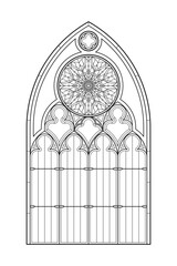 Gothic style stained glass window outline with intricate rose design and pointed arch. Black and white vector illustration. Architectural element for design and print. Isolated on white background