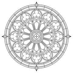 Vintage line art with victorian black medallion french rose. Medieval architecture in western Europe. Vector illustration isolated on white background. Geometric ornament. Coloring page, mandala