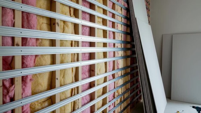 Interior shot featuring partially completed soundproof wall where resilient channels create a separation layer prior to drywall application.