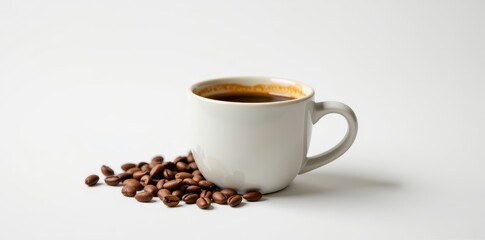A ceramic coffee cup sits on a clean white background, ready for your beverage, visual, template, simple