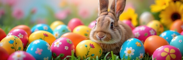 Fototapeta premium Adorable bunny surrounded by vibrantly colored Easter eggs, springtime scene, hunt eggs, easter