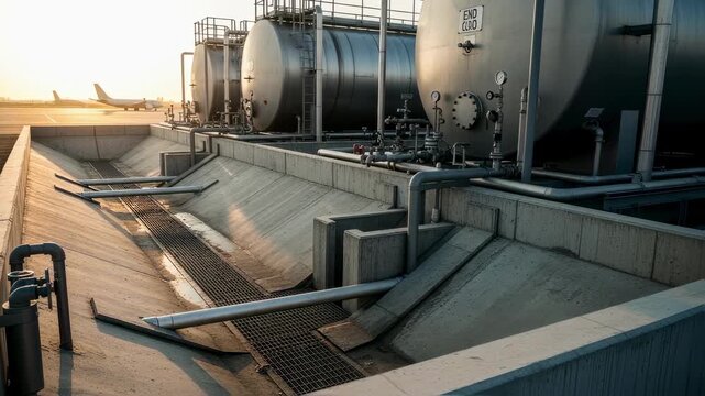 Environmental safety measures in place at aviation fuelfarm featuring doublewalled tanks with spill containment berms and drainage systems.