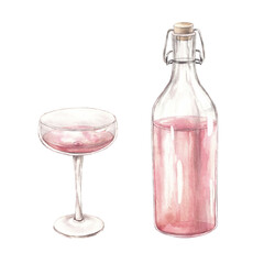 Negro pink wine in a transparent bottle and a beautiful glass of wine. A set of watercolor isolated illustrations is suitable for the design of wine products, wineries, alcohol design, posters.
