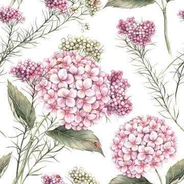 Beautiful flowers of hydrangea and ozothamnus, beautifully intertwined with each other. Watercolor seamless pattern of flowers is suitable for decorating textiles, packaging, wedding and floral design