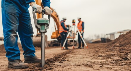 Naklejka premium Construction Site Workers Surveyors and Groundworker at a Land Development Project