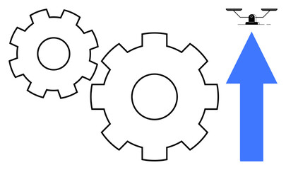 Two meshed gears, a Quadcopter, and blue upward arrow symbolize technology synergy, automation, progress, and growth. Ideal for innovation, engineering, strategy technology business improvement simple