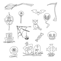 Hand-drawn Halloween doodles set featuring spooky elements like broomstick, spider, bat, owl, haunted house, gravestones, and more. Perfect for Halloween designs, party invitations, and seasonal decor