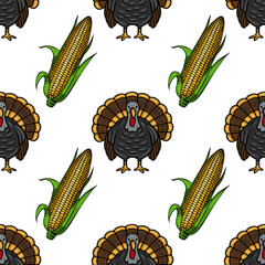 Seamless vector pattern featuring Thanksgiving-themed illustrations of turkeys and corn cobs, rendered in a hand-drawn style with vibrant colors against a clean white background.