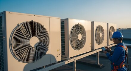 Air Conditioning System Maintenance Technician Inspecting Industrial HVAC Units
