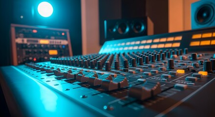 Fototapeta premium Professional Audio Mixing Console in a Modern Music Recording Studio, Illuminated