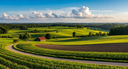 Fototapeta premium Rolling Hills Landscape with Barn and Field, Nature's Beauty in Countryside Scene