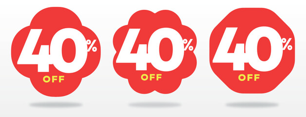 40% off, market, sticker, shape, label, tag, offer, store, shop, store, marketing, promo, price, advertising, retail. Set, icon, vector