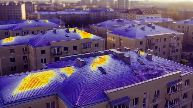Elevated drone thermal footage examining multistory building roofs detects anomalies caused by water damage and structural weaknesses concealed beneath roofing layers.