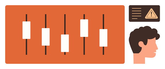 Candlestick chart for financial analysis, user profile icon, and warning alert notification. Ideal for finance, investment, stock trading, analytics, decision-making, risk management simple flat