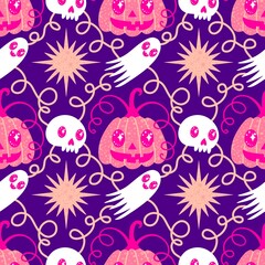 Autumn harvest vegetable seamless monster Halloween pumpkins pattern for wrapping paper and fabrics