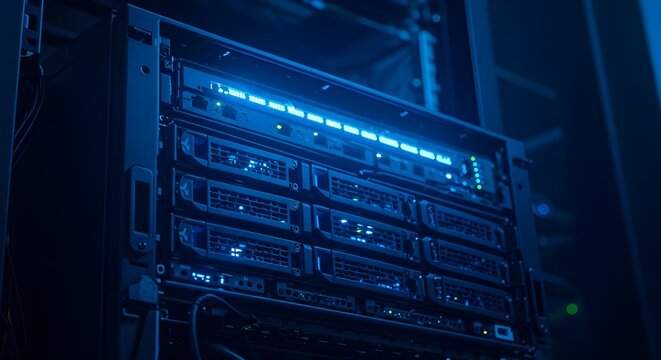Server rack glowing with blue lights, advanced IT storage and processing system