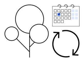 Abstract tree with circular branches, calendar with highlighted event, and recycling arrows. Ideal for growth, planning, sustainability, time management, ecology, life cycles environmental