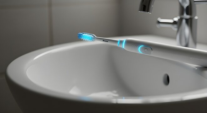 Close-up of electric toothbrush on sink, modern oral care