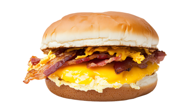 Delicious breakfast sandwich with egg and bacon on a bun for a tasty morning meal experience today now yum  | png cutout isolated on a transparent backdrop