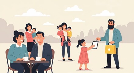 Fototapeta premium Illustrated Families and People Enjoying a Relaxing Day in an Outdoor Park