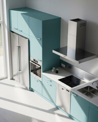 Modern Minimalist Kitchen Aqua Blue with Stainless Steel Appliances Bright Morning Light