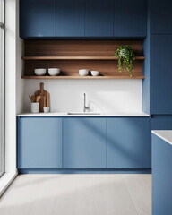 Sleek Kitchen with Cobalt Blue Cabinets and Wood Shelves Minimalist Vertical Layout