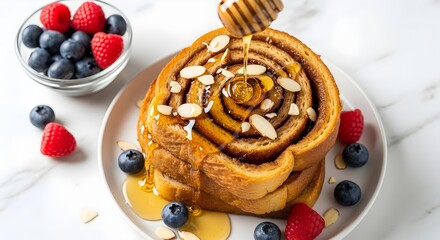 Delicious French Toast with Berries and Almonds Drizzled with Sweet Honey