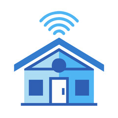 Flat vector icon of a modern house with WiFi signal above the roof, clean geometric lines, tech blue palette, isolated.
