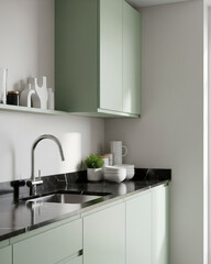 Modern Kitchen with Pastel Green Cabinets and Black Stone Countertop Vertical Portrait
