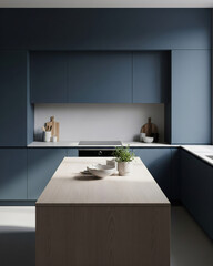 Sleek Minimalist Kitchen Deep Blue with Light Wood Island Soft Lighting Vertical