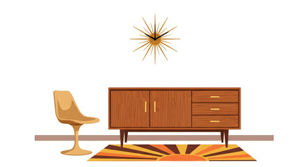 Fototapeta premium Illustration of midcentury modern living room furniture with a starburst clock and a geometric rug, isolated on transparent background