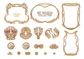 Decorative flowers and leaves in art nouveau style, vintage, old, retro style. Border, frame, template for product label, cosmetic packaging. Easy to edit. Vector illustration.