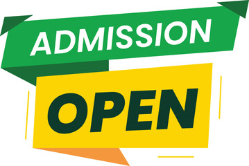 Admission open banner design with green and yellow geometric ribbon shapes bold typography educational institute enrollment announcement school college university vector