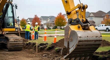 Obraz premium Excavator Digging Trench on Construction Site with Workers Inspecting the Ground