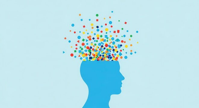 Human Head Silhouette with Colorful Geometric Shapes Exploding From Mind Representing Creativity and Ideas