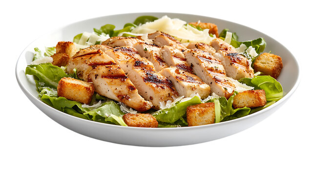 Delicious chicken caesar salad recipe with fresh lettuce and parmesan cheese for healthy eating plan | png cutout isolated on a transparent backdrop