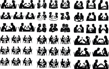 Two People Sitting at Table Silhouette Vector Icon Design Couple Dining and Talking – People at Table Silhouette Set