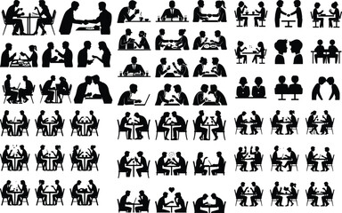 Two People Sitting at Table Silhouette Vector Icon Design Couple Dining and Talking – People at Table Silhouette Set